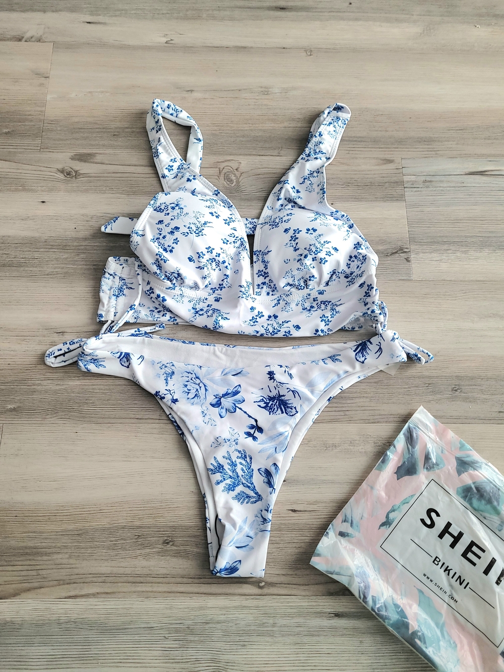 SHEIN White Bikini Top with Blue Floral Accents